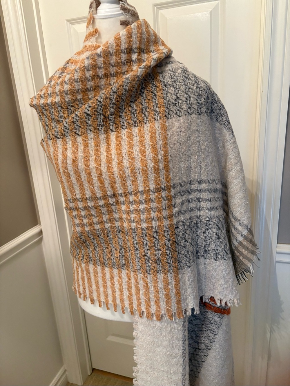 Cozy Striped Shawl in Rust, Gray & Cream